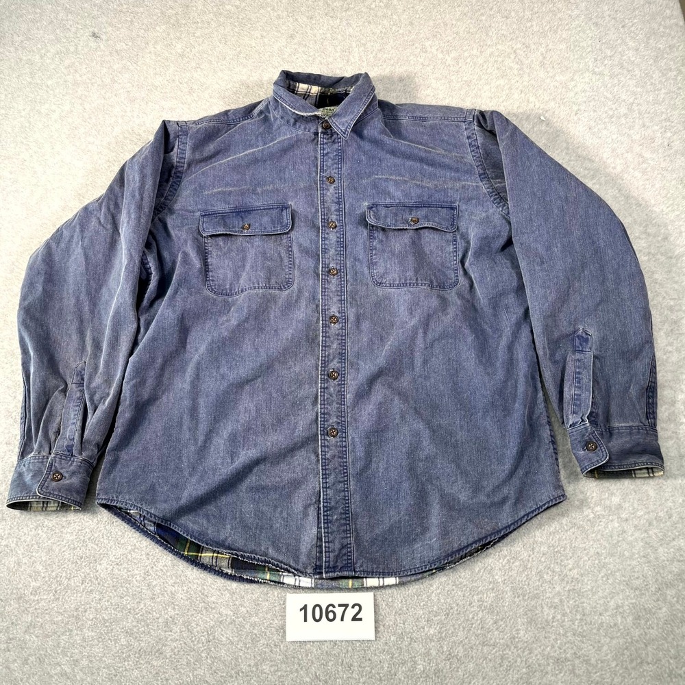 Vintage 90s L.L. Bean Chamois Shirt Mens Large Navy Blue Plaid Flannel Lined